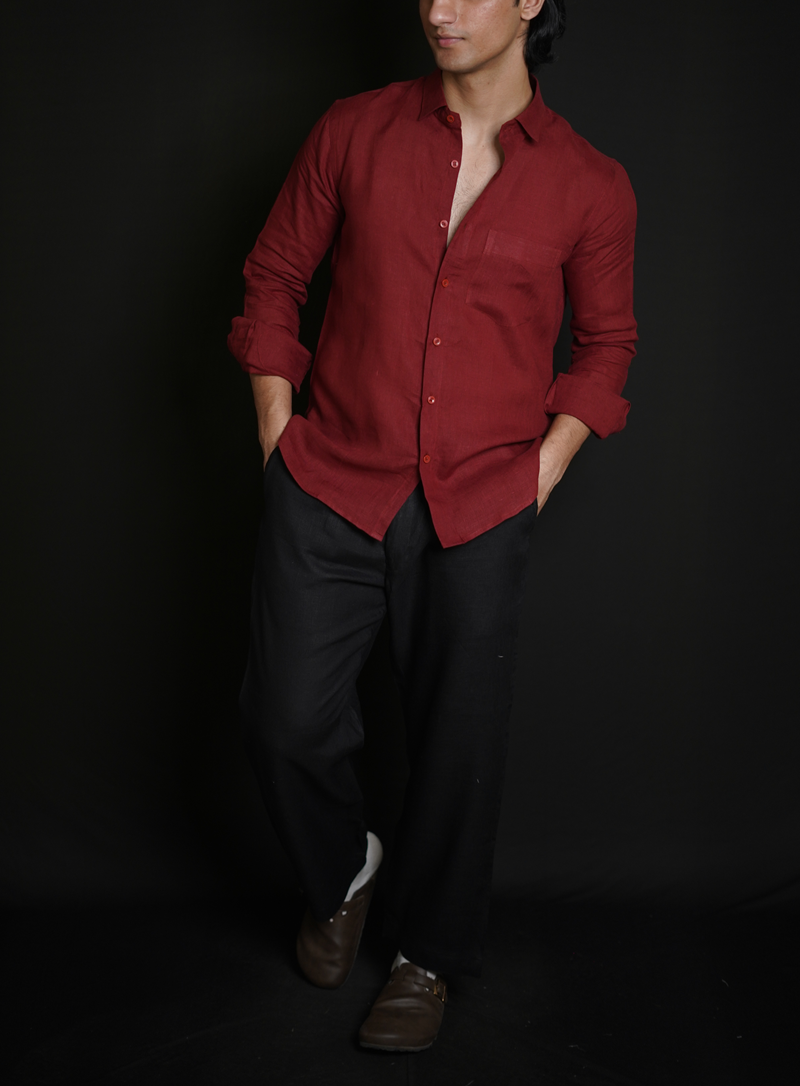 Matt Maroon Shirt & Black Loose Pant Combination