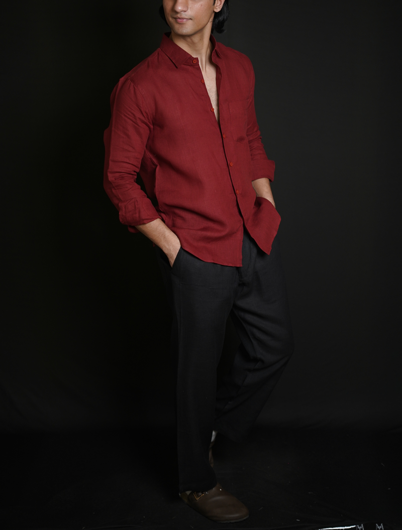 Matt Maroon Shirt & Black Loose Pant Combination