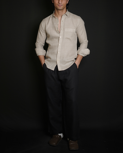 Natural Shirt & Black Loose Pant Combination