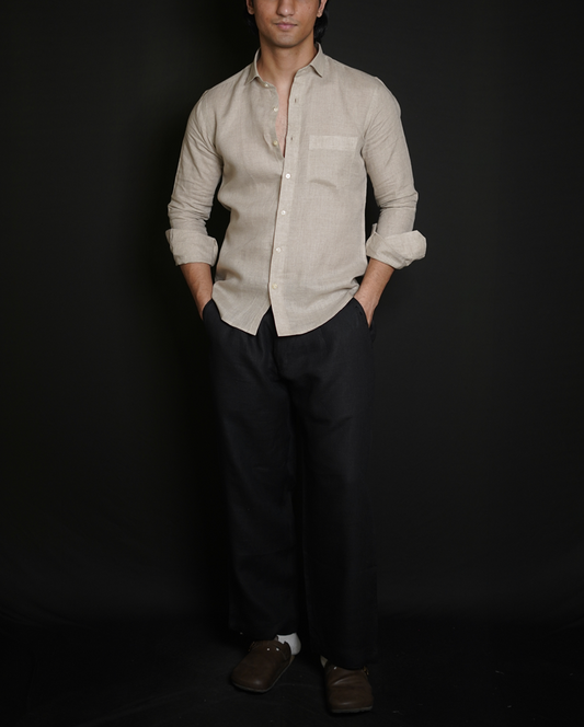 Natural Shirt & Black Loose Pant Combination
