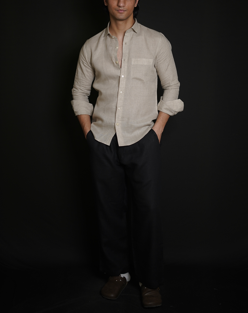 Natural Shirt & Black Loose Pant Combination