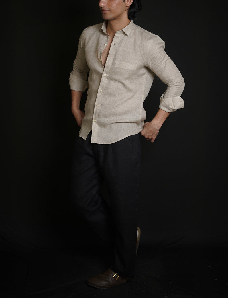 Natural Shirt & Black Loose Pant Combination