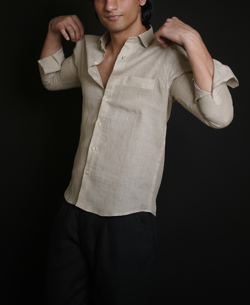 Natural Shirt & Black Loose Pant Combination