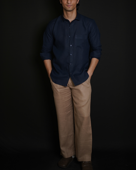 Navy Blue Shirt & Beige Brown Loose Pant Combination