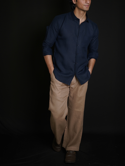 Navy Blue Shirt & Beige Brown Loose Pant Combination