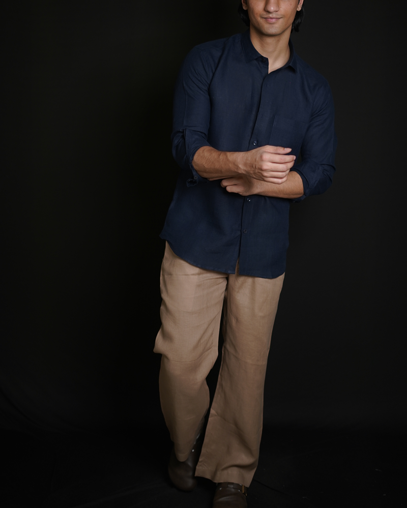 Navy Blue Shirt & Beige Brown Loose Pant Combination