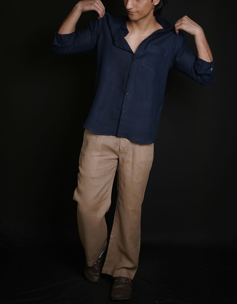 Navy Blue Shirt & Beige Brown Loose Pant Combination
