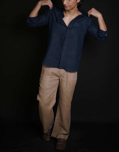 Navy Blue Shirt & Beige Brown Loose Pant Combination