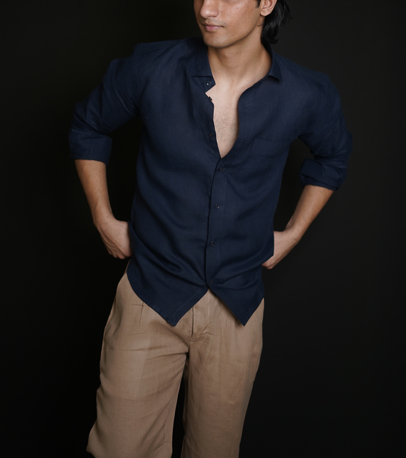 Navy Blue Shirt & Beige Brown Loose Pant Combination