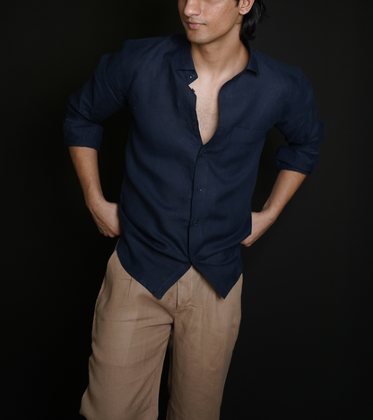 Navy Blue Shirt & Beige Brown Loose Pant Combination