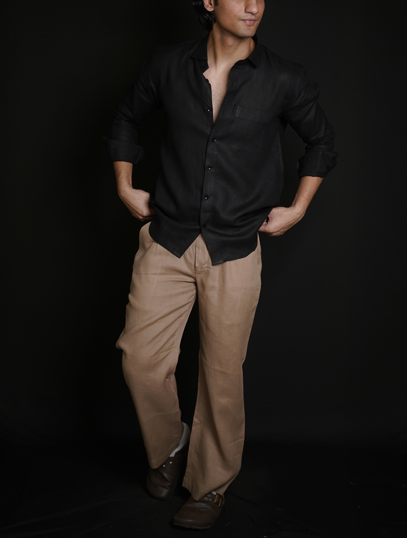 Classic Black Shirt & Beige brown Loose Pant Combination