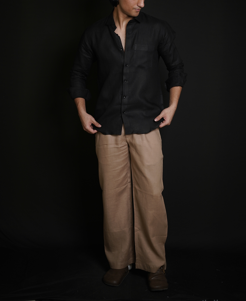 Classic Black Shirt & Beige brown Loose Pant Combination