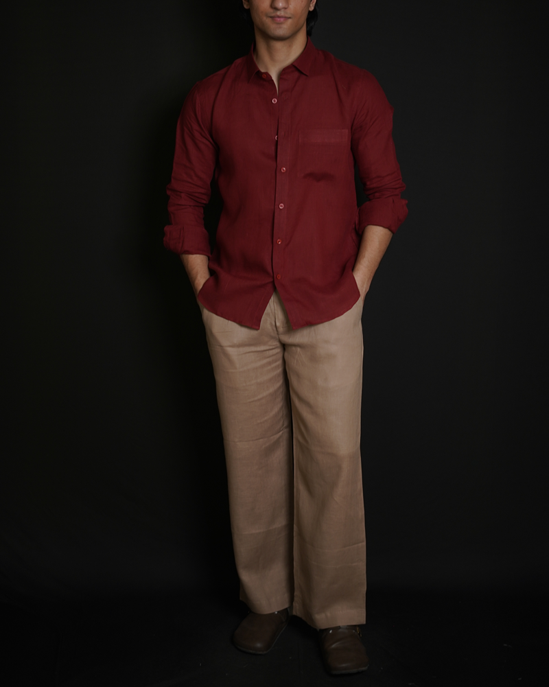 Matt Maroon Shirt & Beige brown Loose Pant Combination