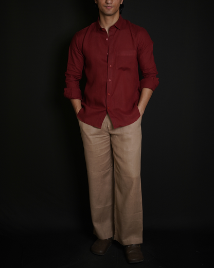 Matt Maroon Shirt & Beige brown Loose Pant Combination