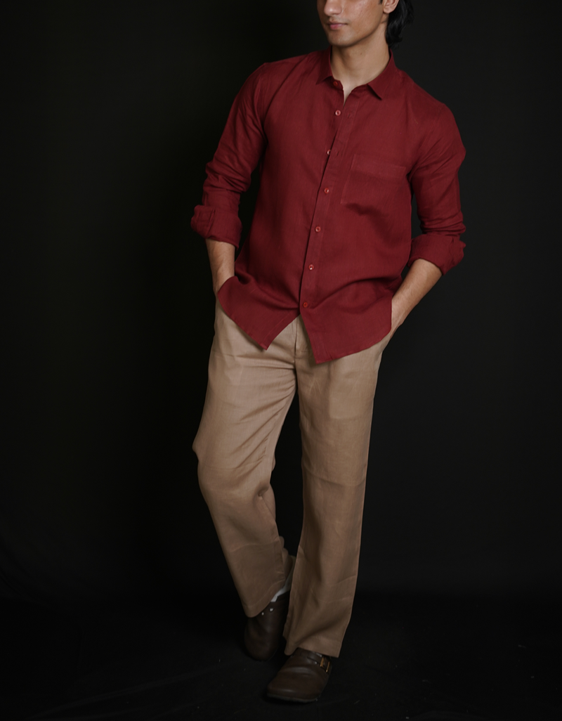 Matt Maroon Shirt & Beige brown Loose Pant Combination