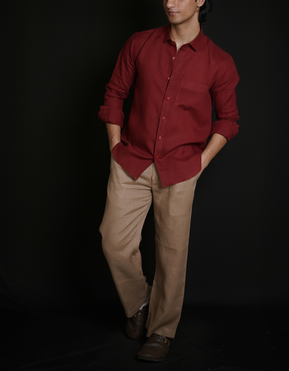 Matt Maroon Shirt & Beige brown Loose Pant Combination