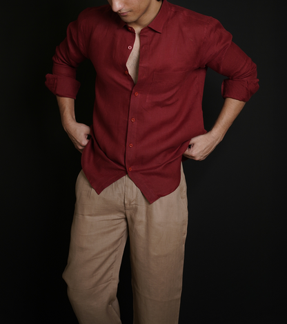 Matt Maroon Shirt & Beige brown Loose Pant Combination