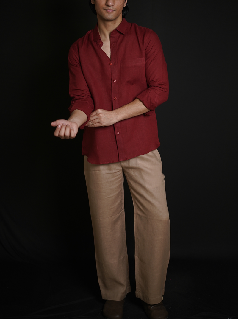 Matt Maroon Shirt & Beige brown Loose Pant Combination