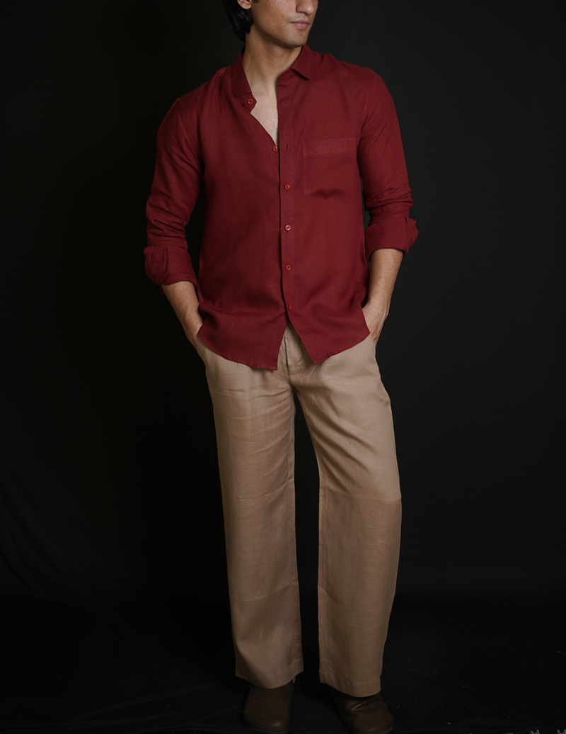 Matt Maroon Shirt & Beige brown Loose Pant Combination