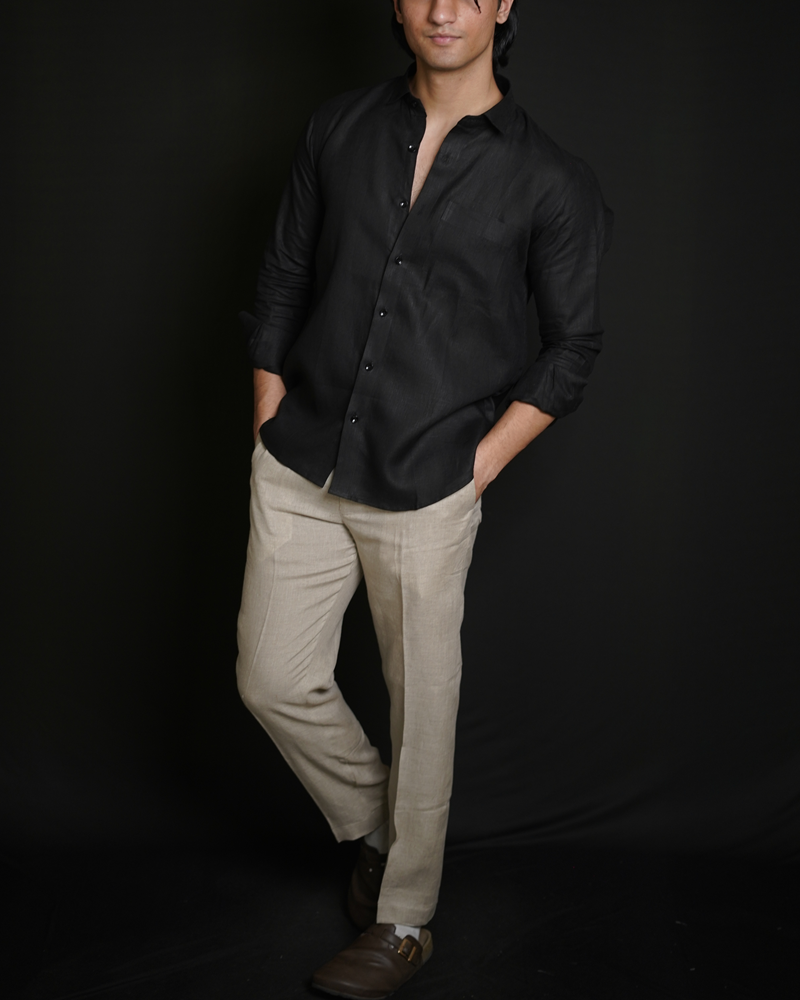 Black Shirt & Natural Loose Pant Combination