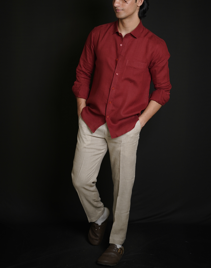 Matt Maroon Shirt & Natural Loose Pant Combination