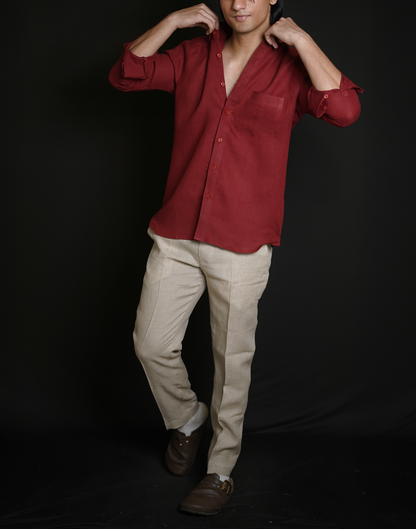 Matt Maroon Shirt & Natural Loose Pant Combination