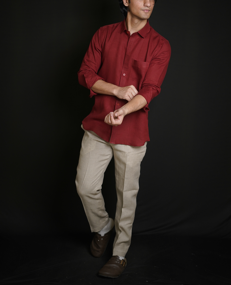 Matt Maroon Shirt & Natural Loose Pant Combination