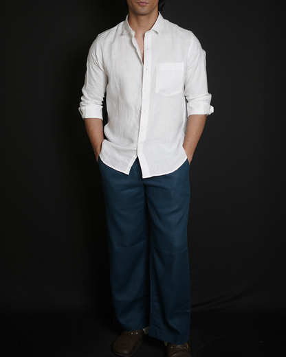 White Shirt & Teal Blue Loose Pant Combination