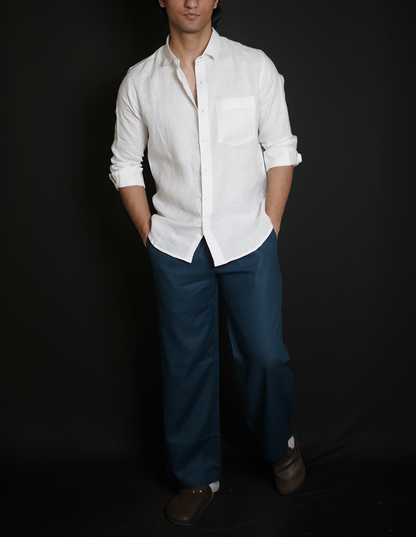 White Shirt & Teal Blue Loose Pant Combination