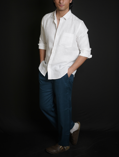 White Shirt & Teal Blue Loose Pant Combination