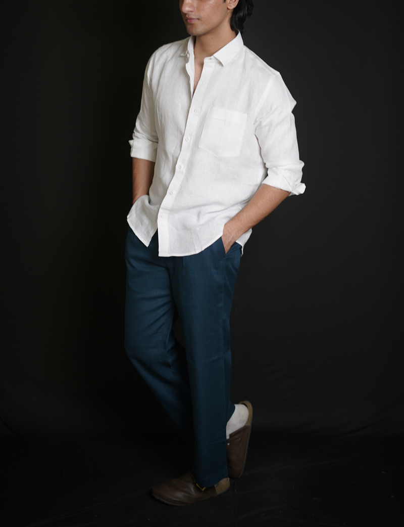 White Shirt & Teal Blue Loose Pant Combination