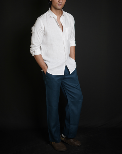 White Shirt & Teal Blue Loose Pant Combination