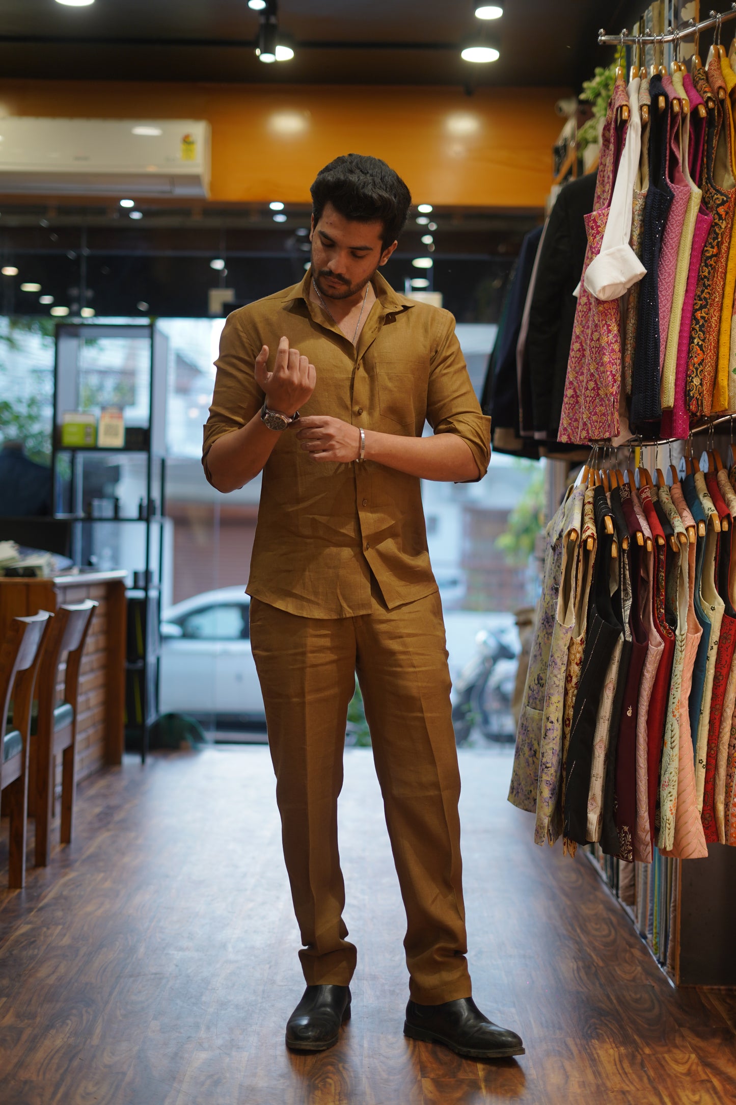 Tobacco Brown Pure Linen Cord Set