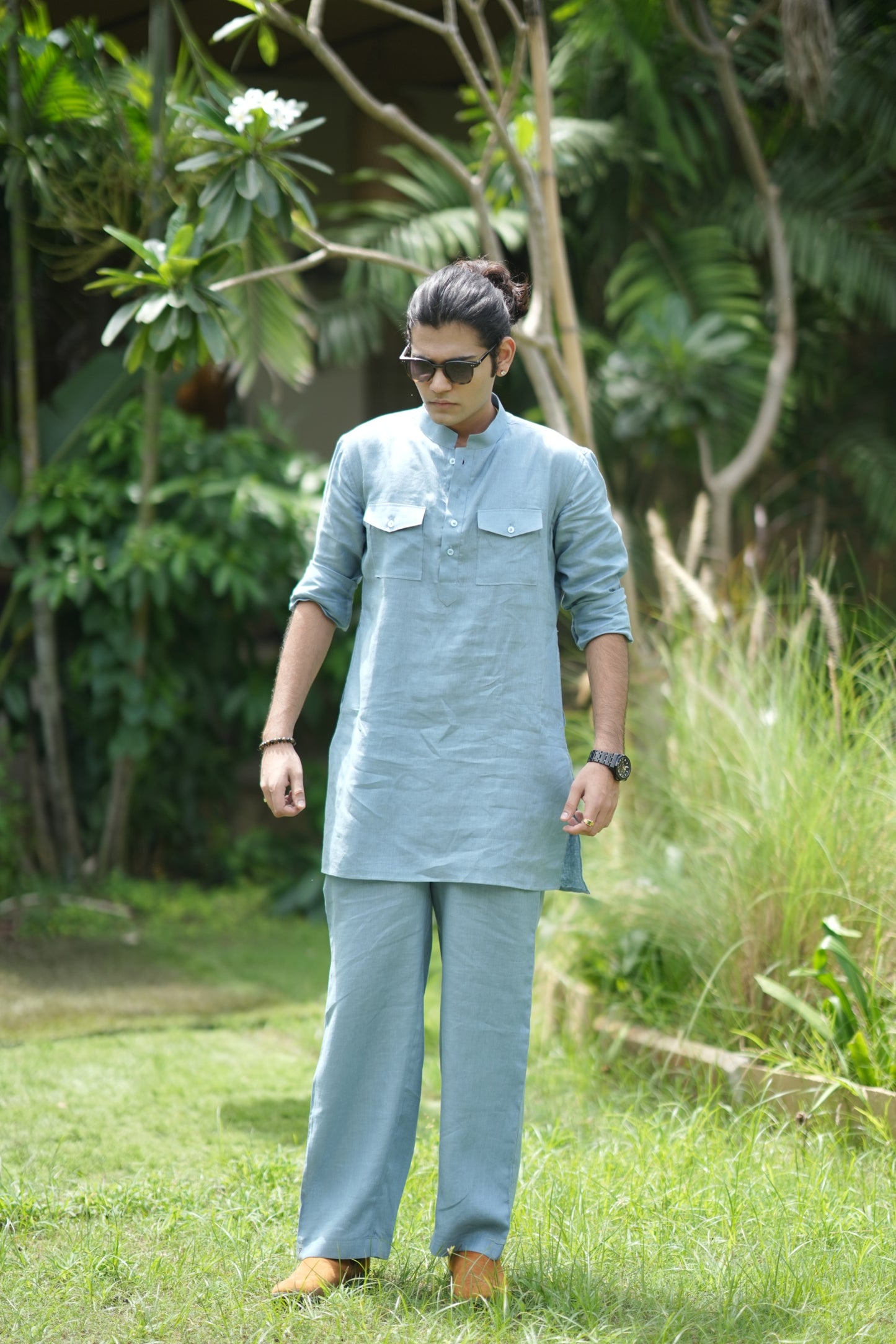 Denim Blue Kurta Pyjama Pocket Set