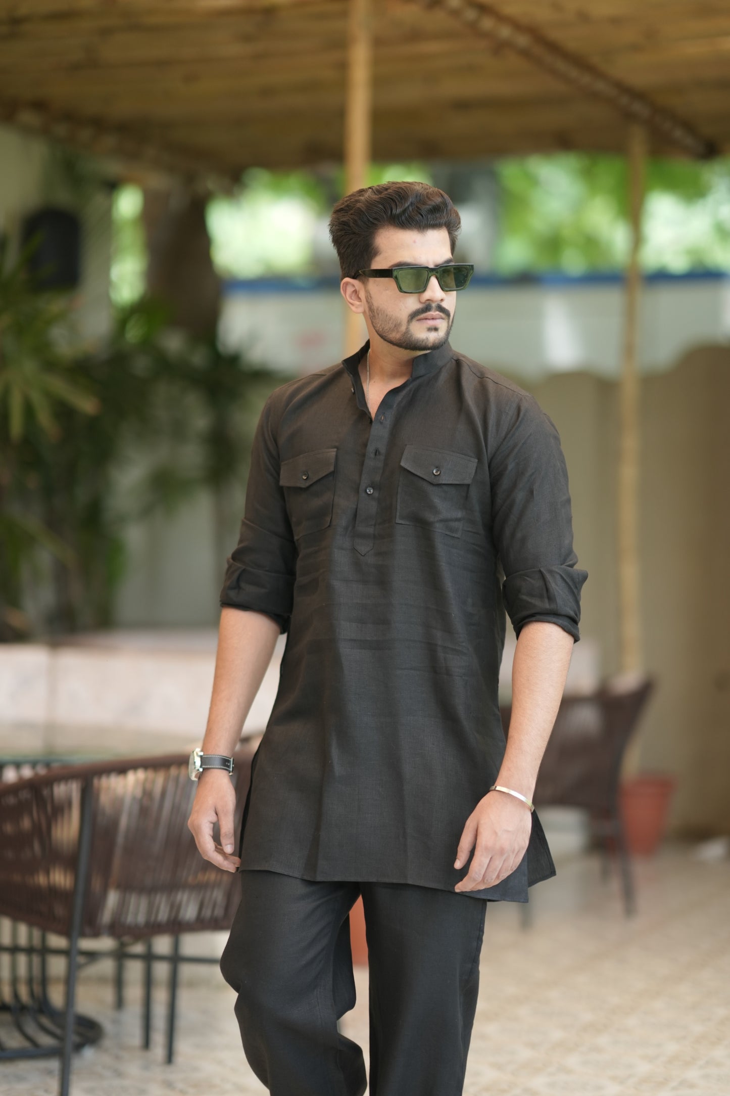 Classic Black Kurta Pyjama Pocket Set