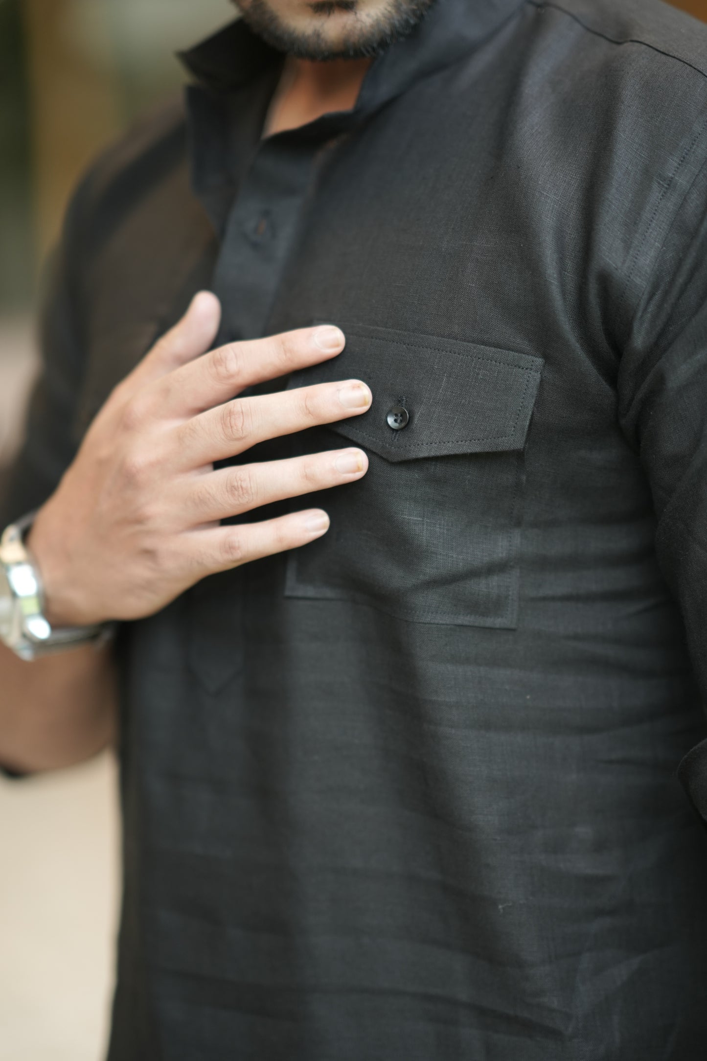 Classic Black Kurta Pyjama Pocket Set