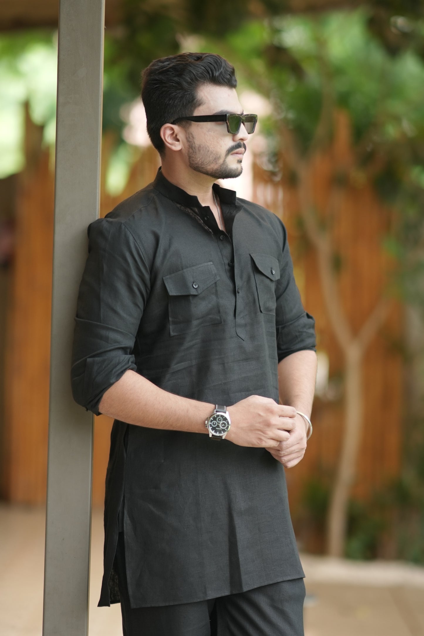 Classic Black Kurta Pyjama Pocket Set