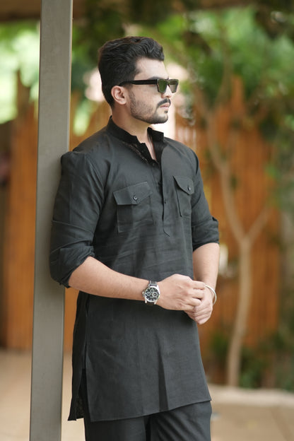 Classic Black Kurta Pyjama Pocket Set
