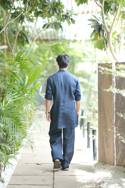 Navy Blue Kurta Pyjama Pocket Set