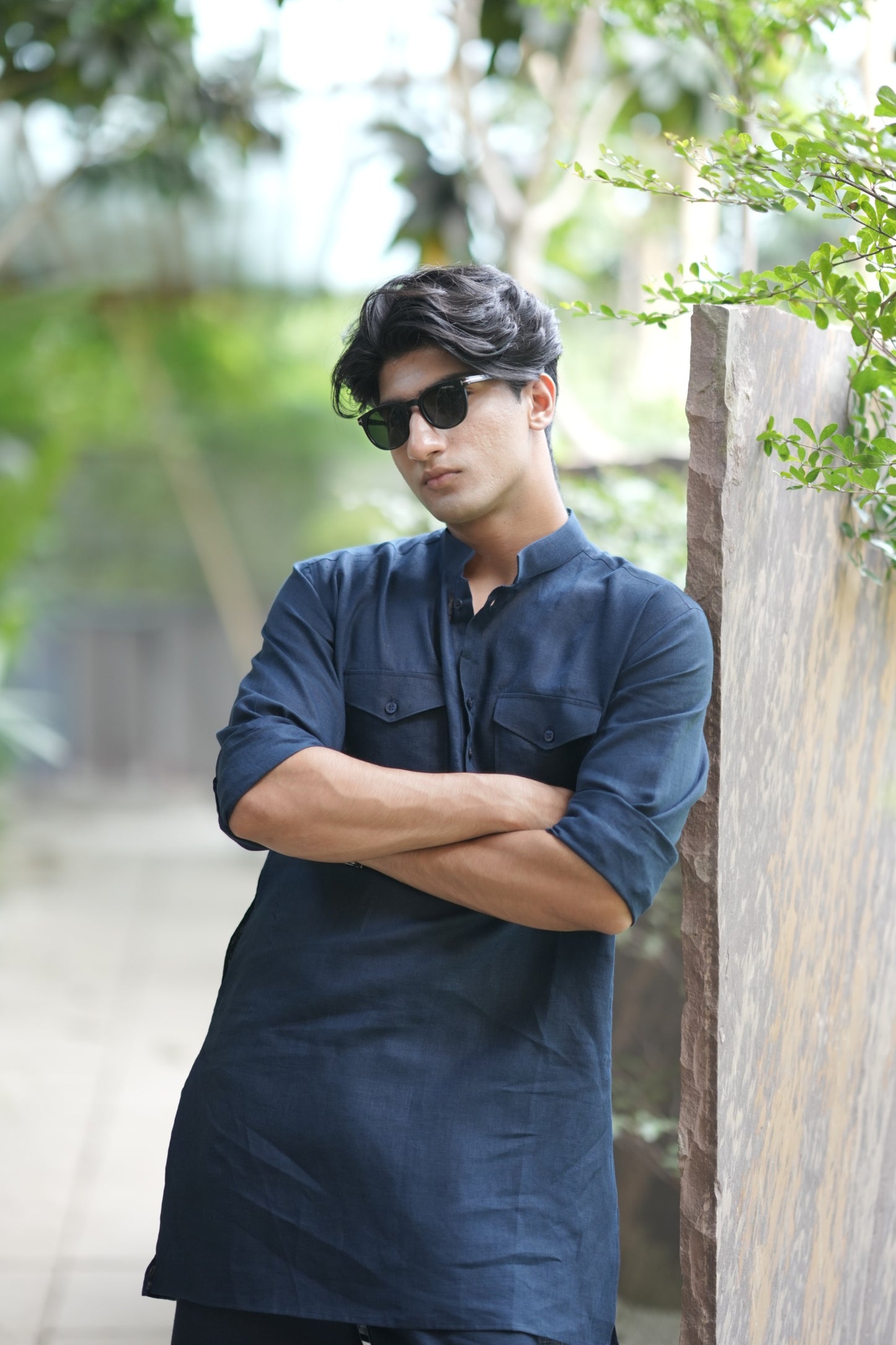 Navy Blue Kurta Pyjama Pocket Set