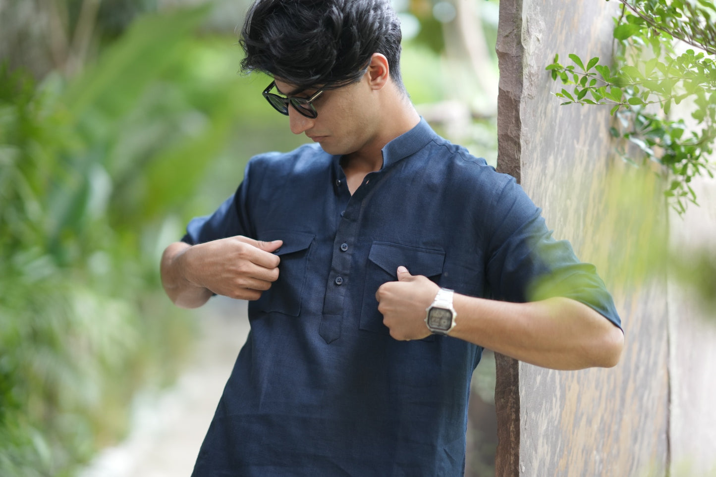 Navy Blue Kurta Pyjama Pocket Set