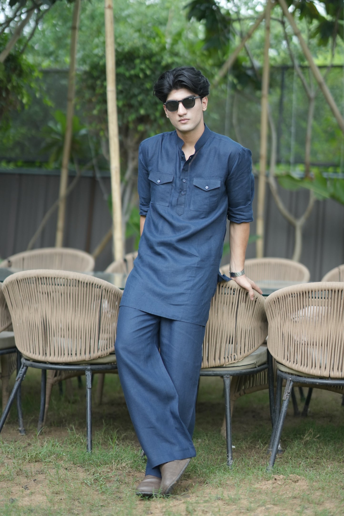 Navy Blue Kurta Pyjama Pocket Set