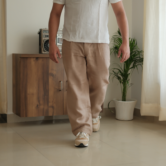 Beige Brown - Pure Linen Loose Pants