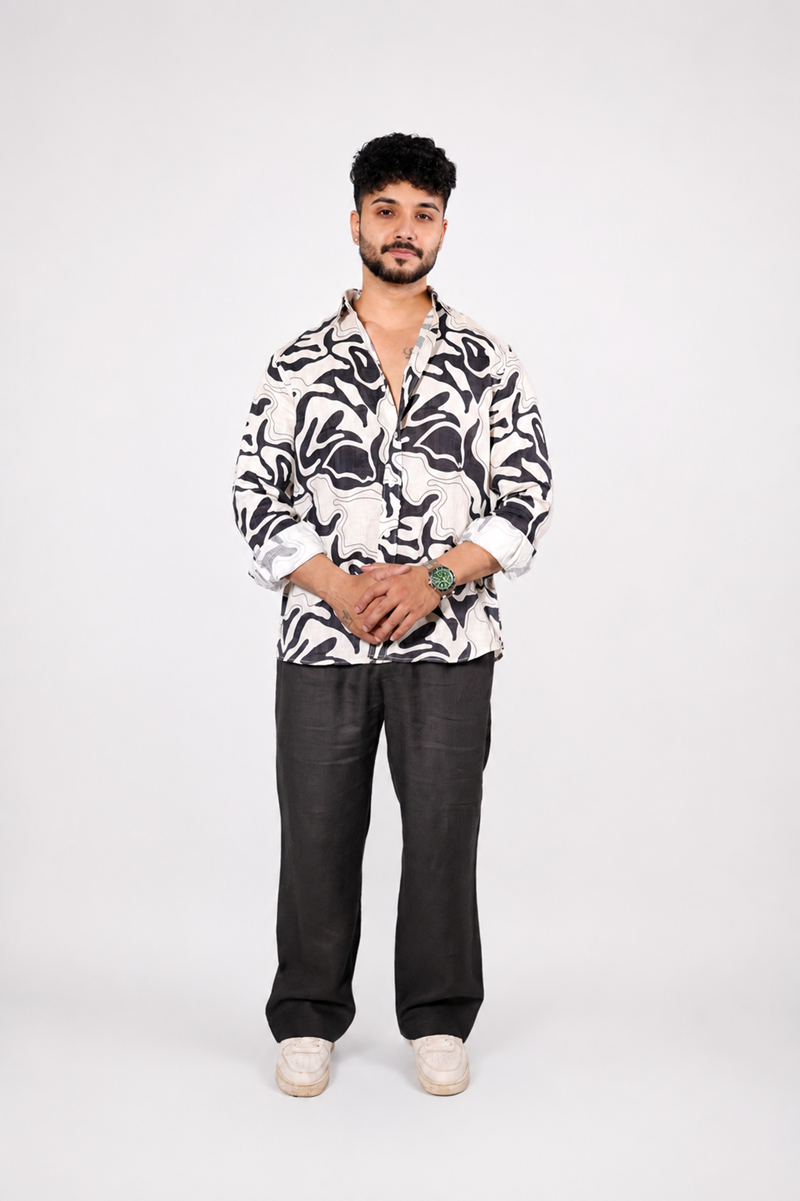 Black and Cream Abstract Print Pure Linen Shirt