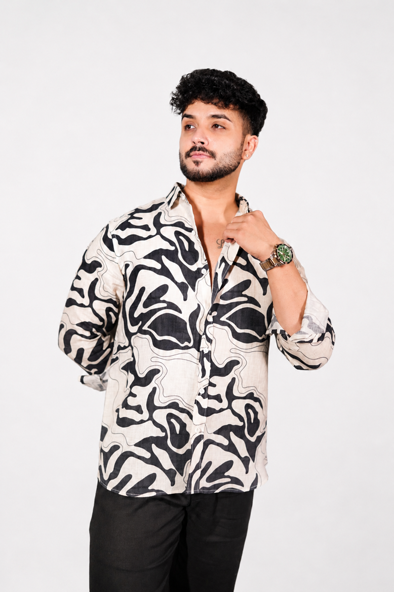 Black and Cream Abstract Print Pure Linen Shirt