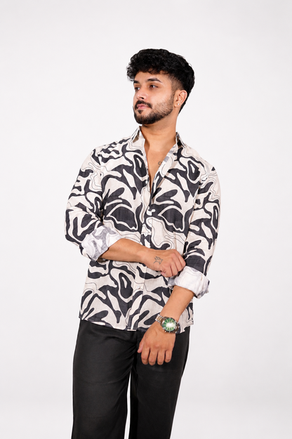 Black and Cream Abstract Print Pure Linen Shirt