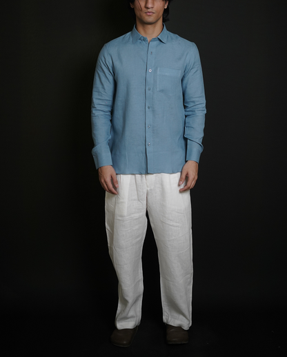 Denim Blue Shirt & White Loose Pant Combination