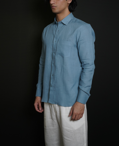 Denim Blue Shirt & White Loose Pant Combination