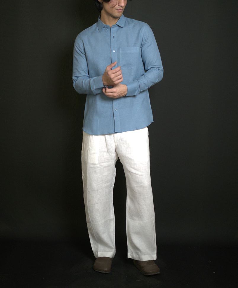 Denim Blue Shirt & White Loose Pant Combination