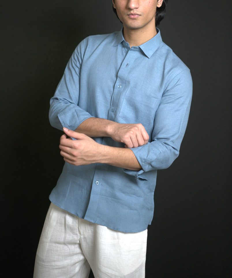 Denim Blue Shirt & White Loose Pant Combination